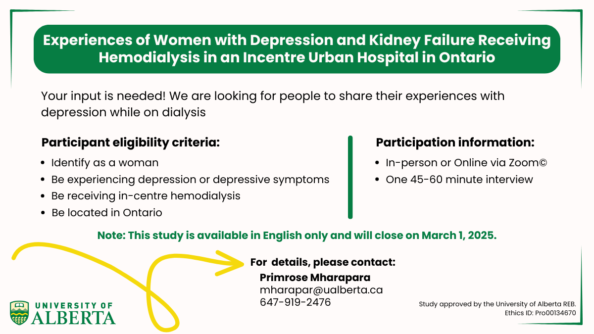 A graphic summarizing a University of Alberta research study called Experiences of Women with Depression and Kidney Failure Receiving Hemodialysis in an Incentre Urban Hospital in Ontario run by Primrose Mharapara.